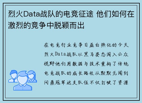 烈火Data战队的电竞征途 他们如何在激烈的竞争中脱颖而出