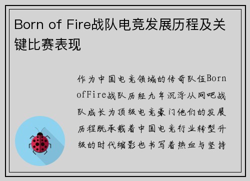 Born of Fire战队电竞发展历程及关键比赛表现